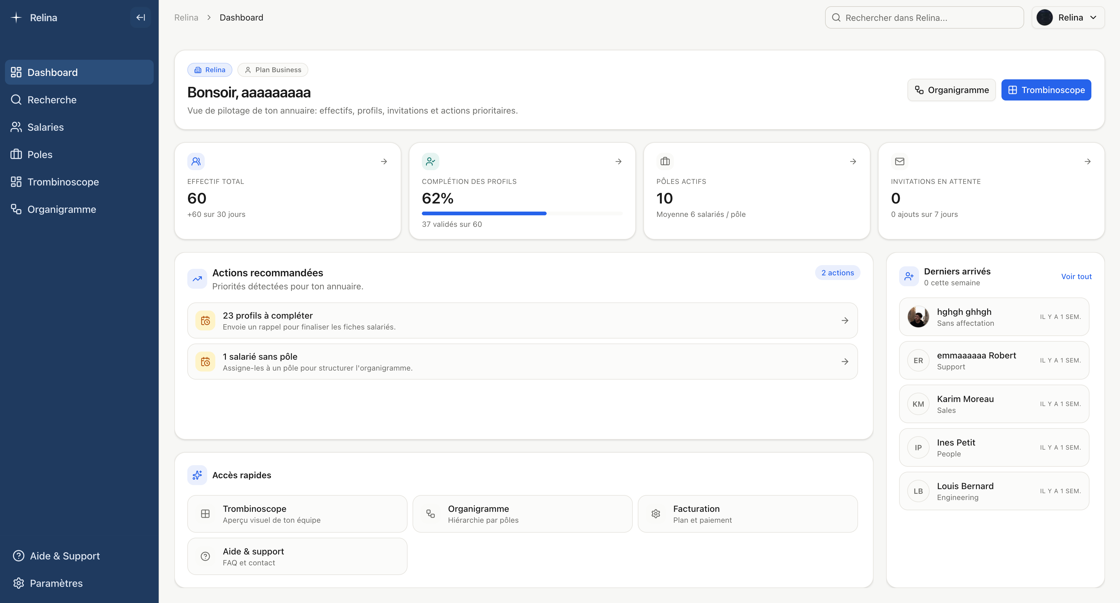 Screenshot du produit Relina montrant un organigramme et des profils salaries